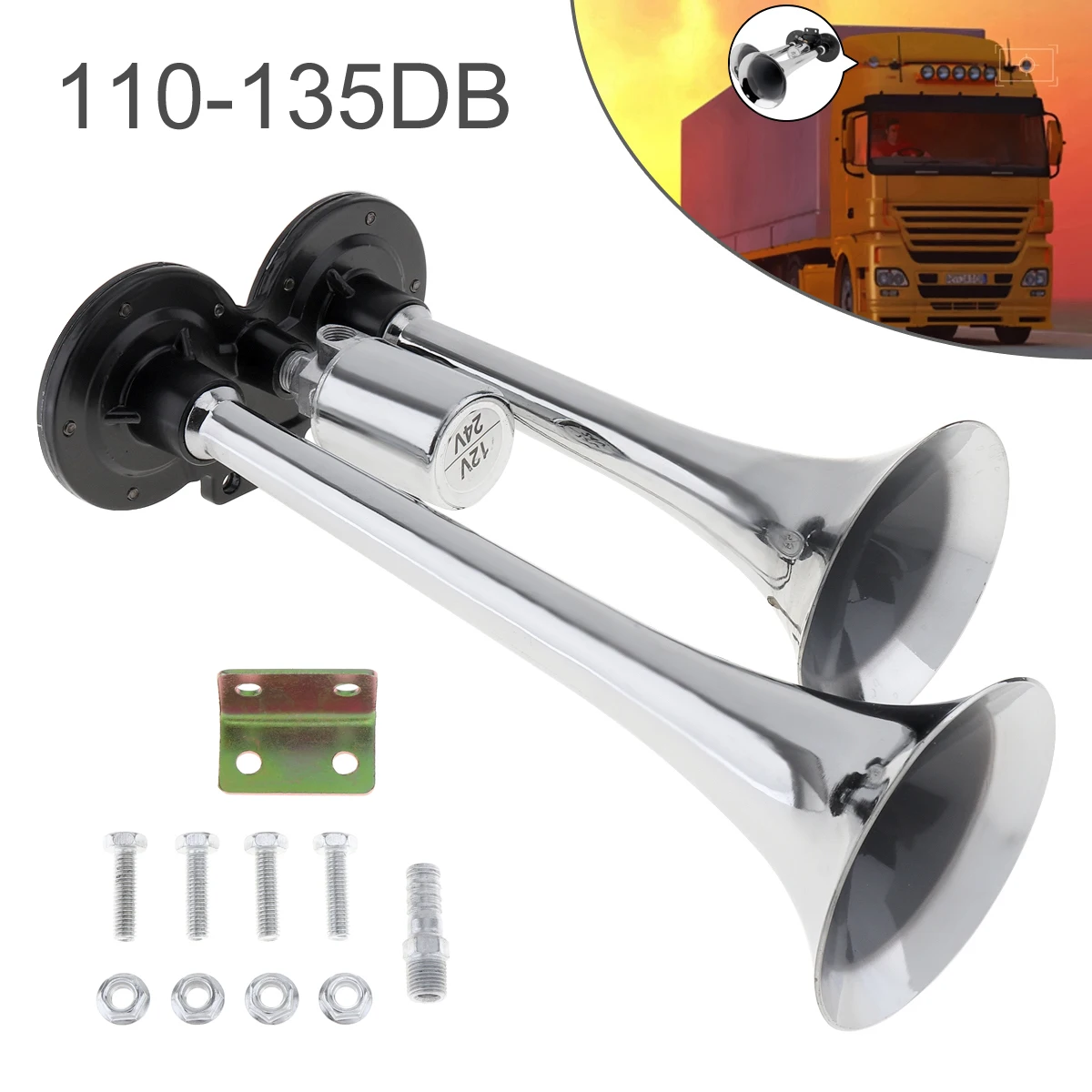 

Universal Zinc Alloy12V 24V 110-135dB Super Loud Dual Trumpet Train Air Horn System Kit for Car Truck Vehicle Boat Train