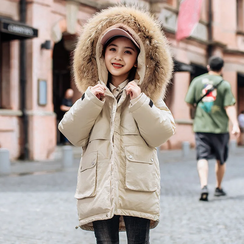 

Winter Girls White Duck Down Long Coat Thickened Kids Windproof Jacket Real Raccoon Fur Collar Children Clothing Outerwear TZ83