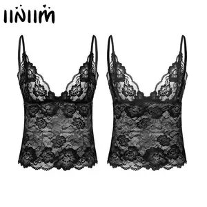 Sissy Gay Mens Lingerie Tanks See Through Lace Fetish Hot Vest Tops Spaghetti Straps Exotic Parties Fancy Camisole Vest Crop Top