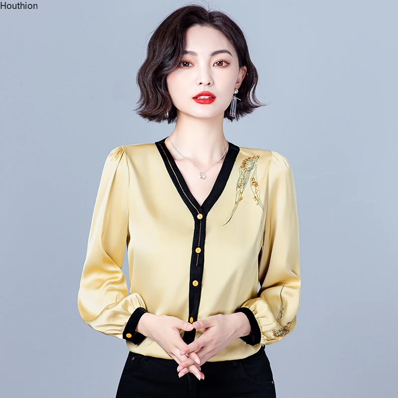 

Блузка Женская атласная с V-образным вырезом и длинным рукавом