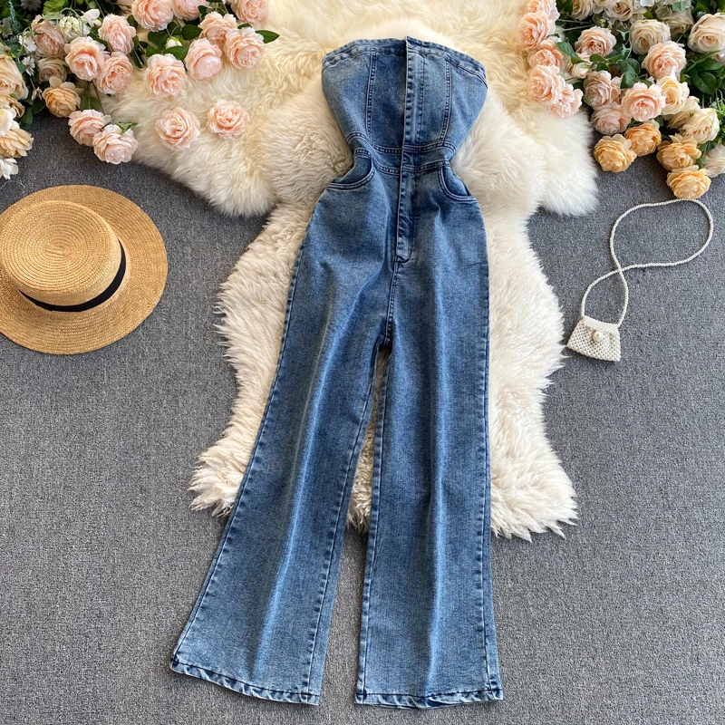 

Amolapha Women Sexy Zipper Pockets Strapless Slim Denim Jeans Jumpsuits Outfit