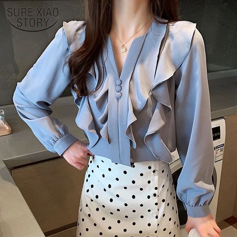 

2021 Spring Chiffon Shirts Fashion Women V-neck Ruffles Women Long Sleeve Shirts Women Tops and Blouses Pullover Blusas 10702