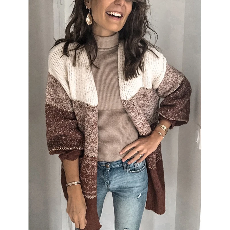 Patchwork Knitted Cardigan Loose Pocket Hollow Long Sleeve Sweater Female Cardigans Women's Coats Sweaters Outerwear |