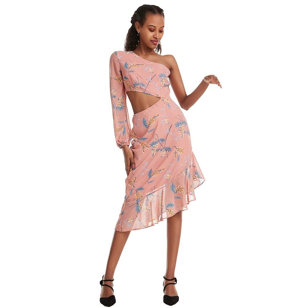 

Africa Abaya Dubai 2021 spring and autumn street hipster solid color long-sleeved cardigan women's oblique shoulder dress CS527