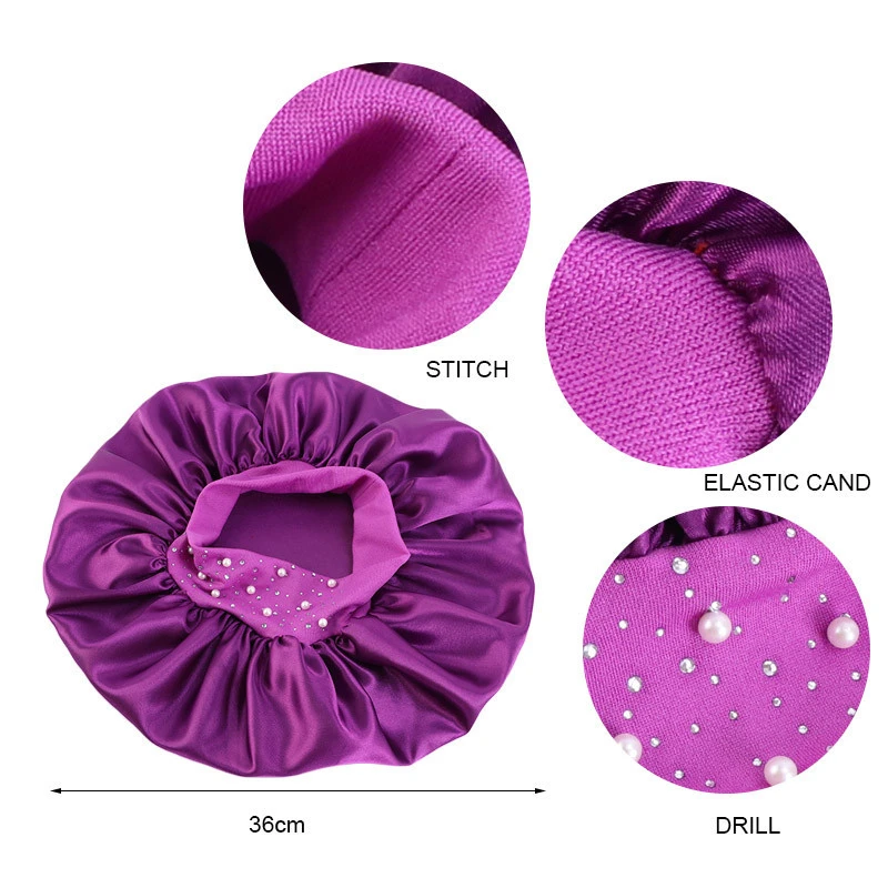 

Gypsophila Paniculata Rhinestone Elastic Hair Cap For Sleeping Wide Night Hat Large Satin Round Women Haircare Bonnet HeadCover