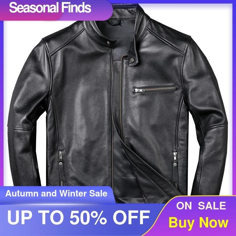 

Black 2021 Motorcycle Style Genuine Leather Jacket Men Plus Size 3XL Real Natural Cowhide Slim Fit Spring Thin Biker Coat