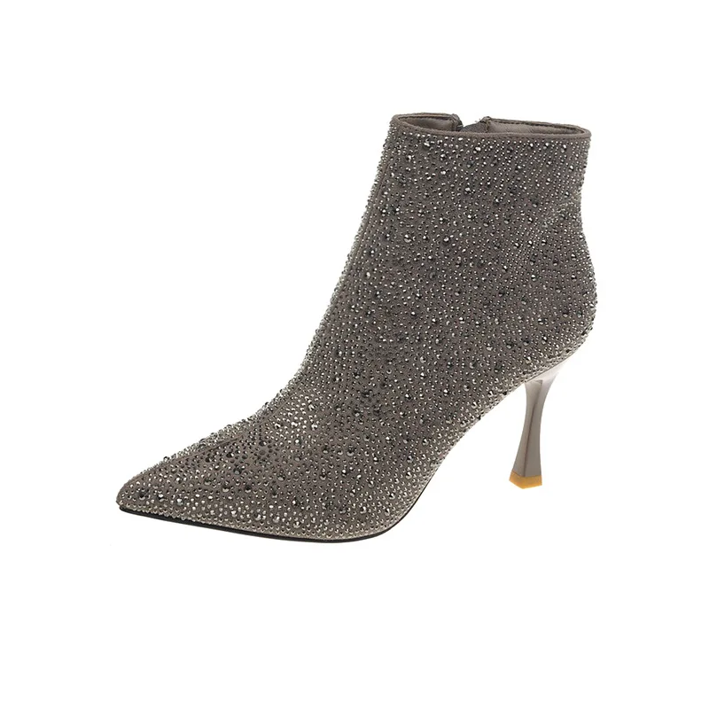 

Ankle Boots for Women High Heels Pointed Toe Stiletto Heels Black Boots Zipper New Fashion Ladies Crystal Shoes Women’s Booties