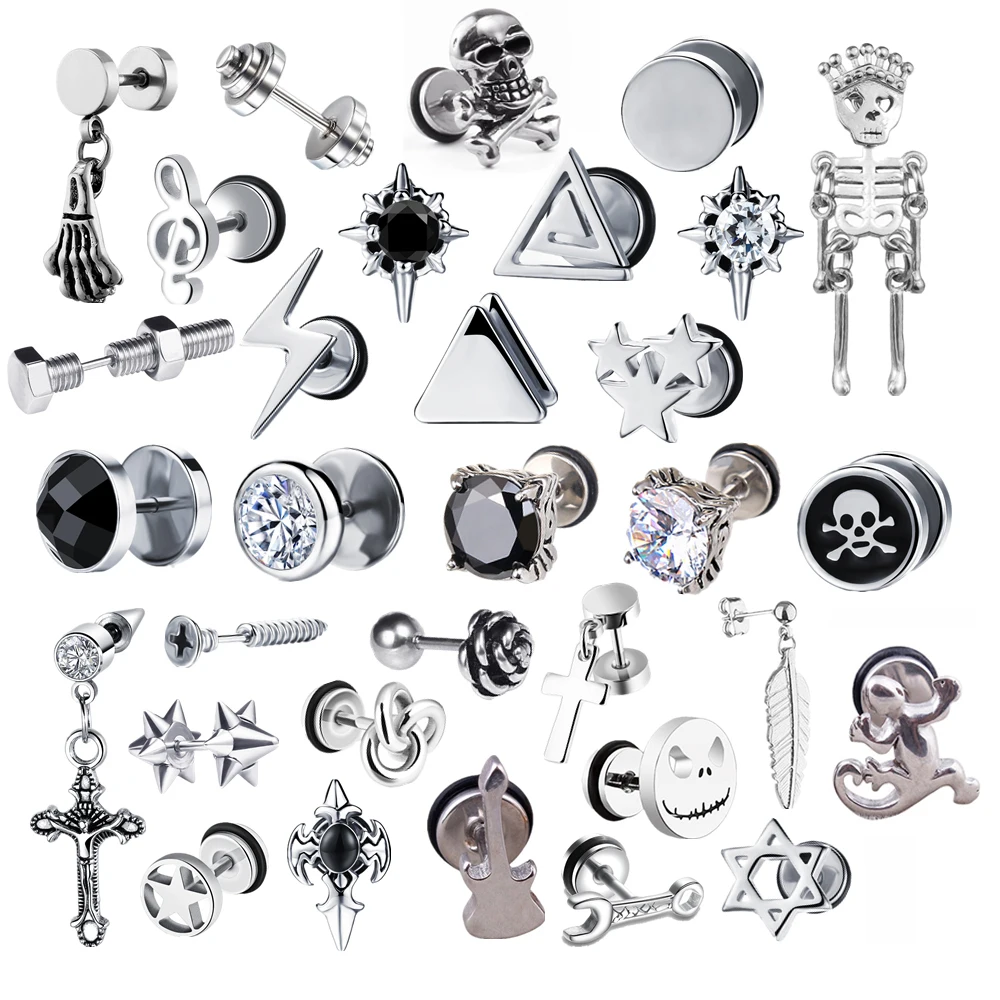 

2023 Punk Stainless Surgical Steel Women Men's Stud Earrings Small Gothic Geometry Skeleton Rock Zircon Hip Hop Jewelry Earrings