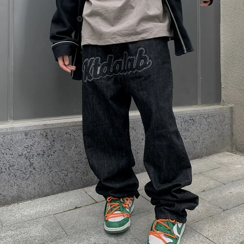 High Street Black Embroidered Jeans Coarse Twill Flip Bottom English Men's Straight Tube Casual Loose Retro Wide Leg Long Pants