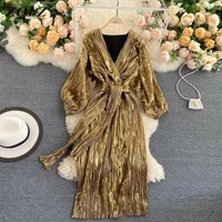 zqlz autumn dress for women vintage clothes gold shimmer pleated elegant belted midi dress sexy deep v neck evening party dress
