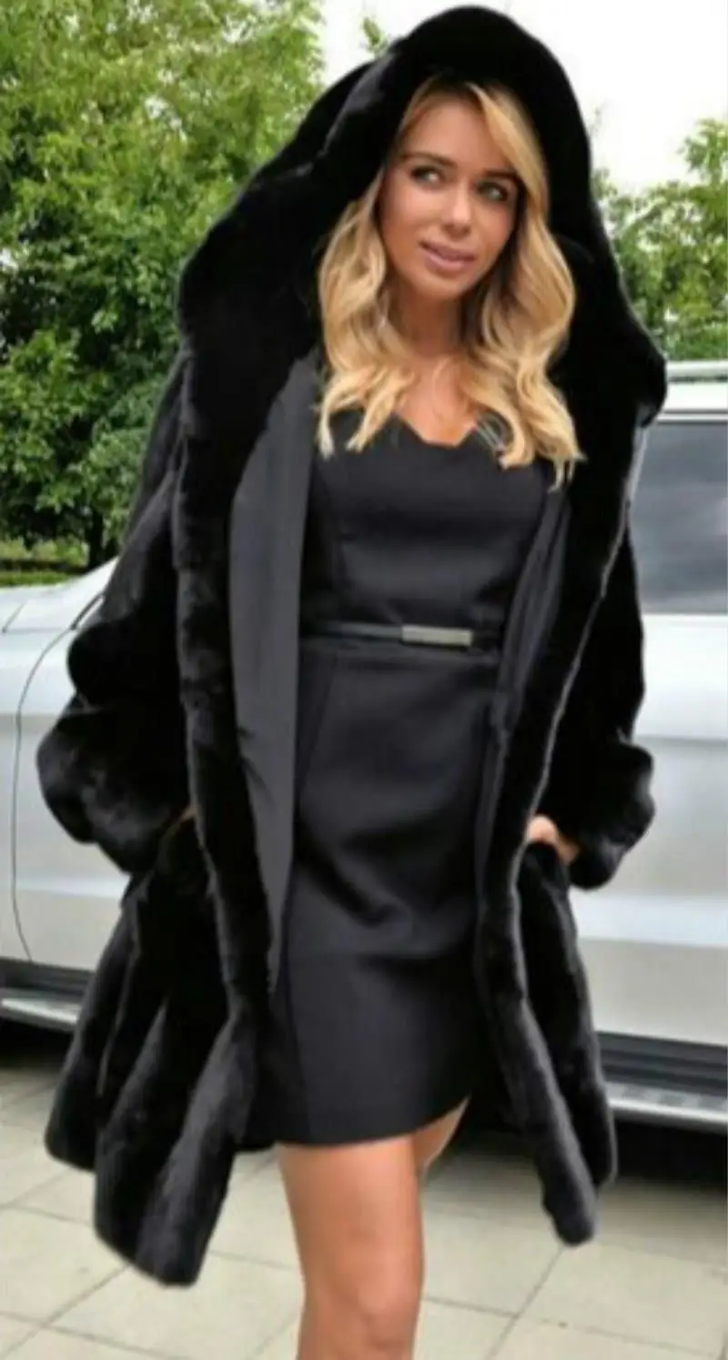 Женское длинное пальто из искусственного меха черное плюшевое большого размера