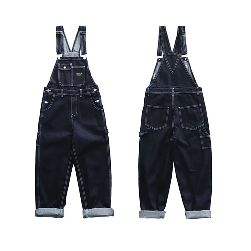 

Vintage Primary Color Denim Denim Overalls Railway Vertical Stripes Tooling Suspenders Casual Pants for Men and Women