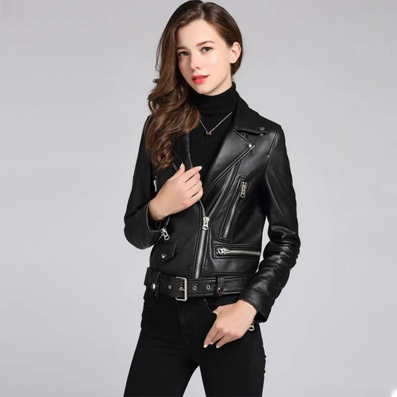 

Уличная куртка из искусственной кожи, женская тонкая куртка на молнии с поясом, черные кожаные пальто, женские байкерские мотоциклетные кор...