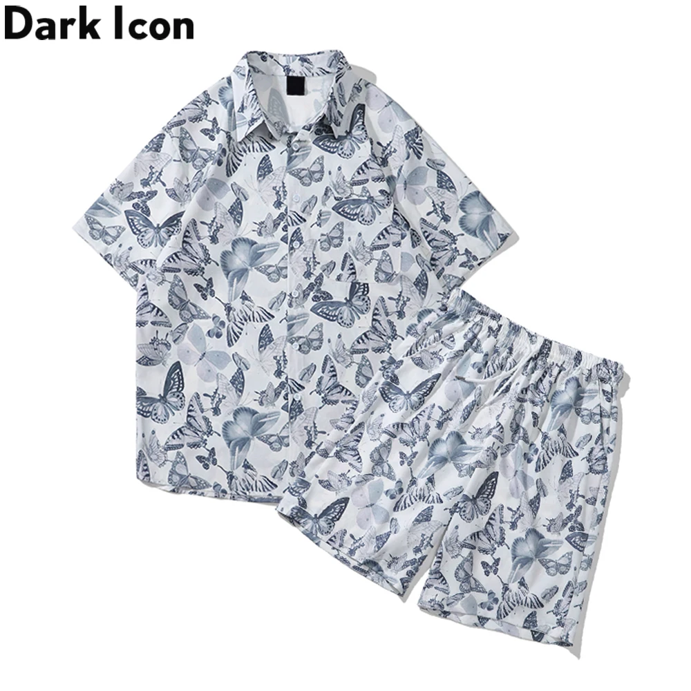 

Dark Icon White Butterfly Full Print Short Sleeve Suit Fashion Brand Men's Shirt Shorts Set
