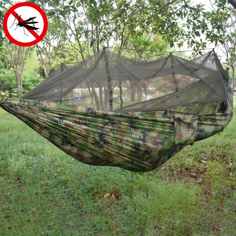 

Camping Portable Outdoor Hammock with Mosquito Net 1-2 Person Garden Tourist Parachute Fabric Hanging Strength Sleep Swing Bed
