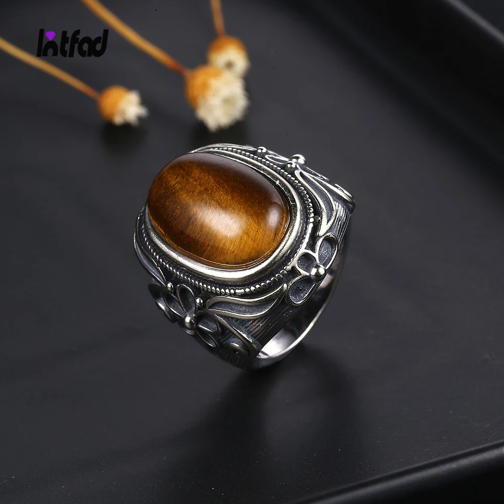 

925 Sterling Silver Natural 11X17MM Oval Tiger Eye Ring for Women Men Gift Vintage Large Ring Wholesale Fine Jewelry