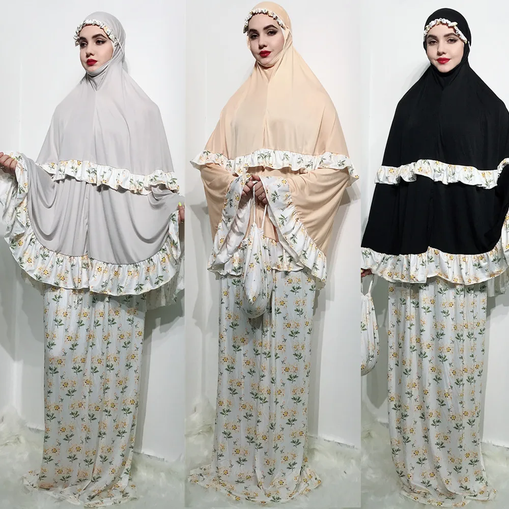

Jilbab молитвенная одежда для женщин Рамадан 3 шт. Топы с капюшоном юбка костюмы кружевная химар хиджаб халат мусульманская абайя мусульманска...