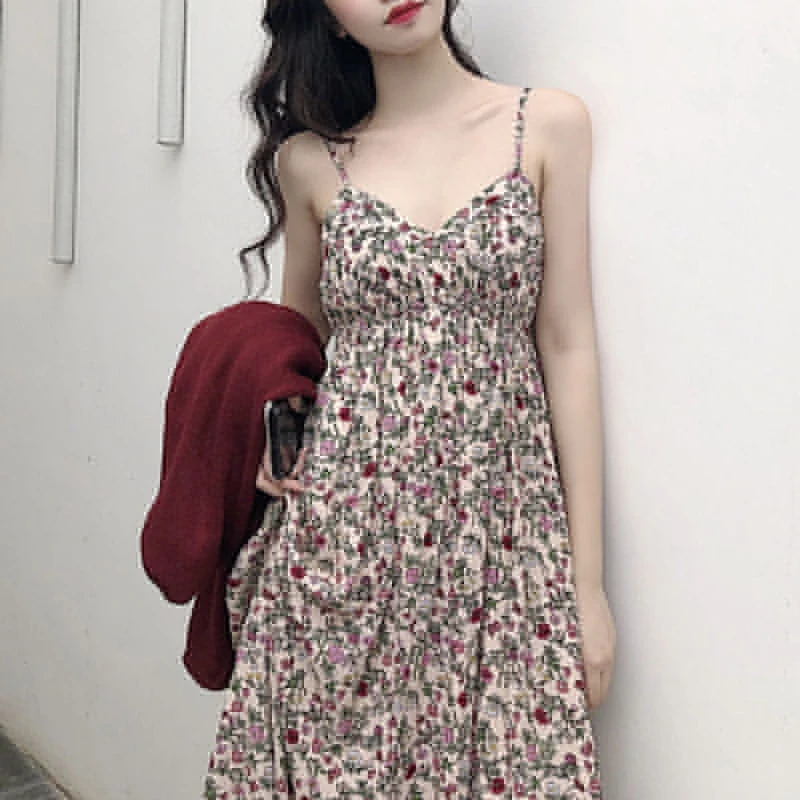 

2021 New Sexy Halter Skirt Summer Super Fairy Slim Slimming Elegant Long Dress Lightly Mature Floral Dress