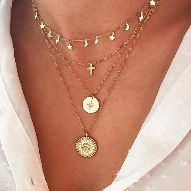 

Fashion Bohemian Multilayer Pendant Necklace for Women Retro Geometric Cross Coin Star Moon Collar Necklace Jewelry Party Gift