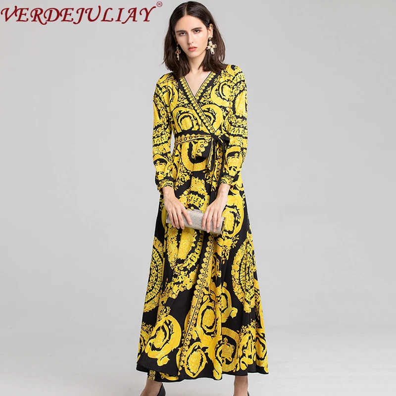 

VERDEJULIAY Hot Sale Item European Vintage Royal Print A-Line Dresses Women Sashes Ankle-Length Retro Runway Design Long Dress
