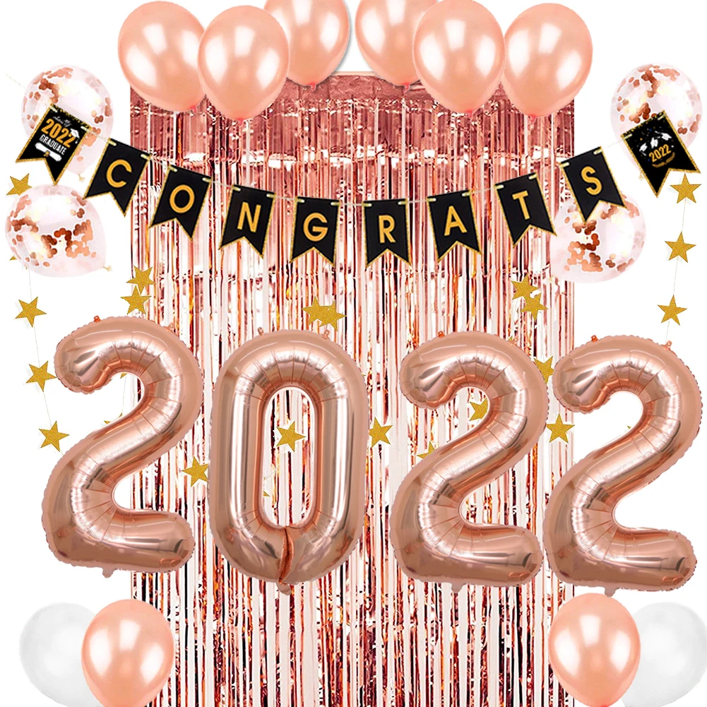 2022 Rose Gold Graduation Party Decorations Latex Balloons Gold Star Garland Congratulations Banner Decoration Party Supplies 