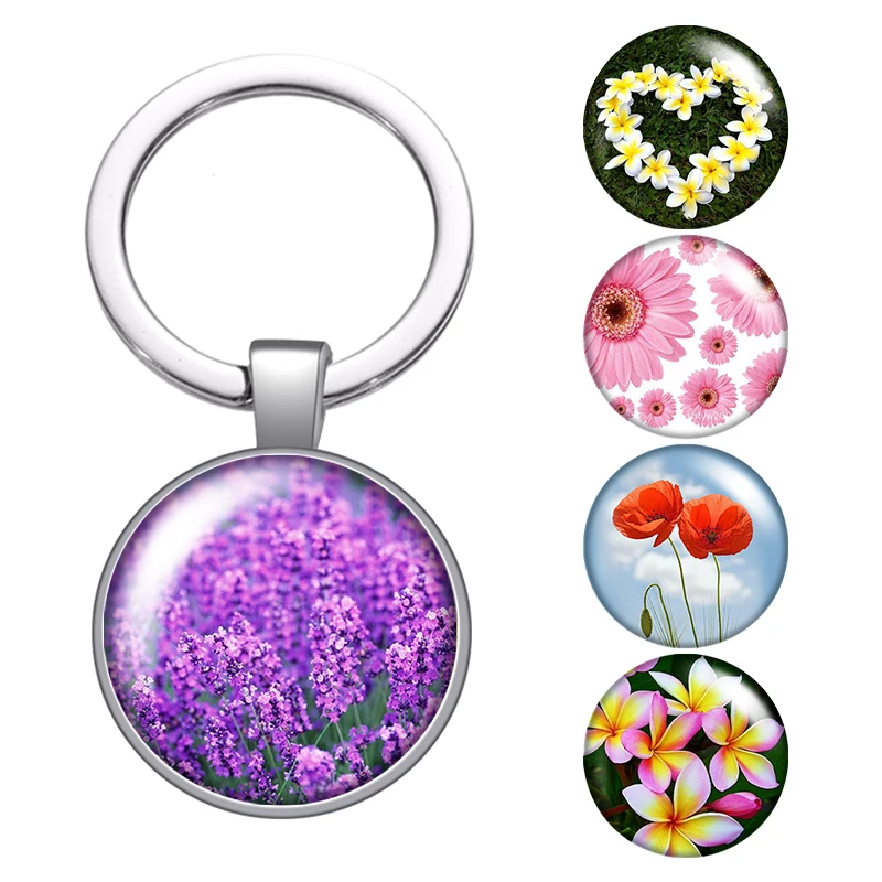 Брелок в форме цветка лаванды маргаритки плюмерии из стекла с кабошоном брелок