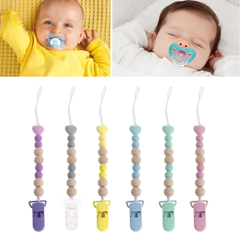 Wooden Bead Dummy Clip Holder Pacifier Clips Soother Chains Baby Teething Toy E06F