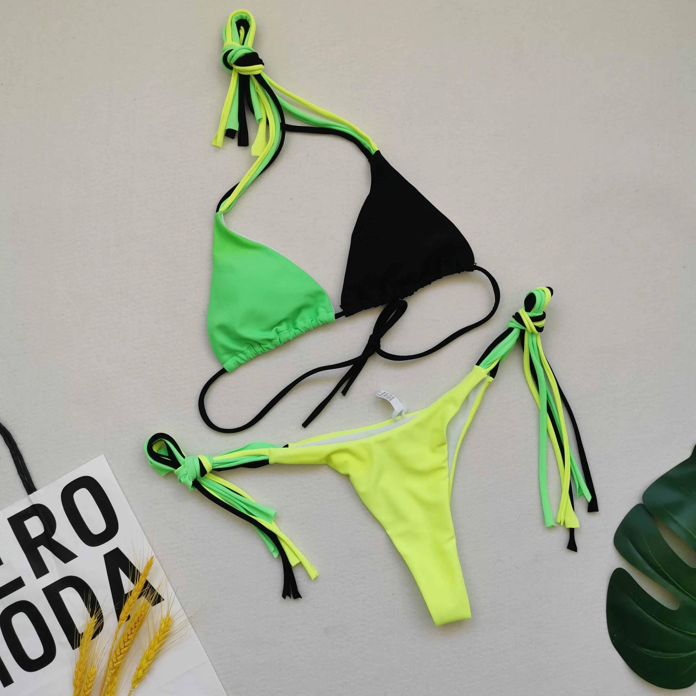 

Solid Tassel Bikini Set Two Piece Swimwear Women 2021 Multi Rope Thong Panties Cross Bandage Low Waist Swimsuit Bathing Suits