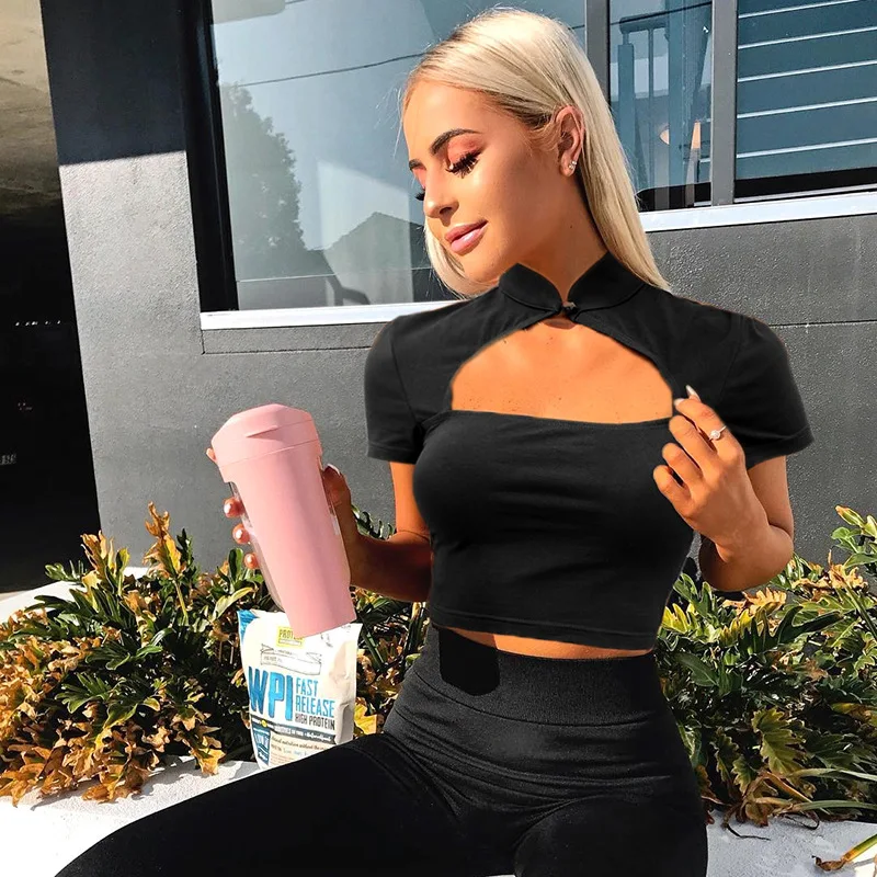 

Summer Women Fashion Casual Short Sleeve Solid Color Black Top Sexy Hollow Out Short Slim Classic Sexy Style