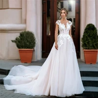 long robe de mariage women lace appliques wedding dresses buttons back tulle custom online bridal gowns 2021 modest bride dress