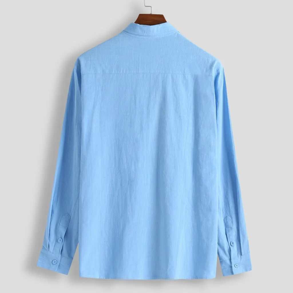 Мужские рубашки мешковатые хлопковые футболки с карманом и длинным рукавом в