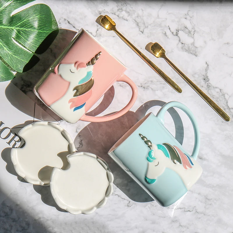 Творческий 3D рельеф с золотым Единорог Кофе кружка ложкой и корона крышкой