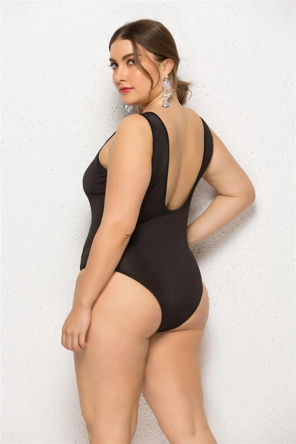 Сплошной цвет плюс размер купальный костюм без рукавов с круглым вырезом шортами