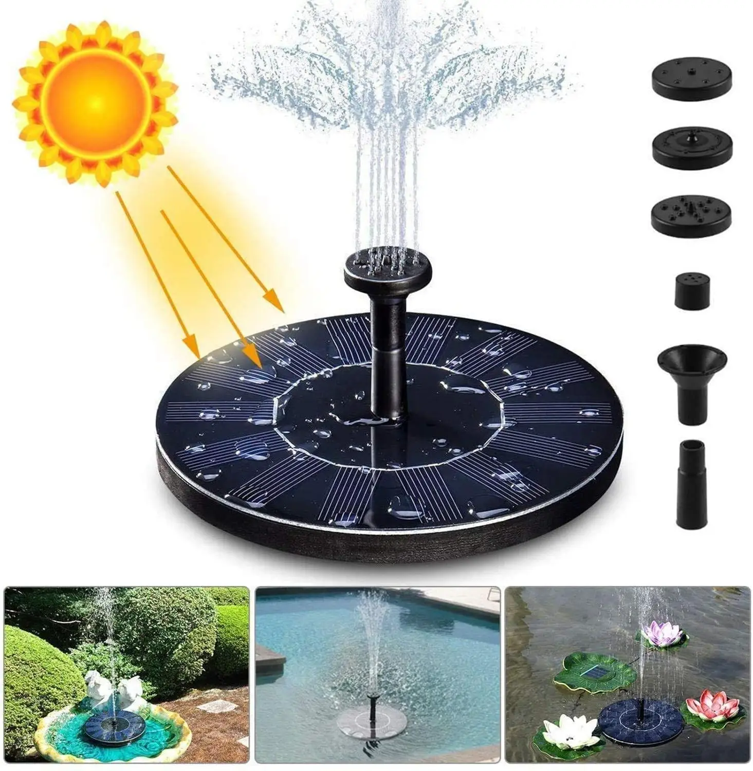 

6 Spray Patterns 1.5W Solar Fountain Pump Solar Powered Bird Bath Fountains Standing Floating for BirdBath Pond Pool Garden Yard
