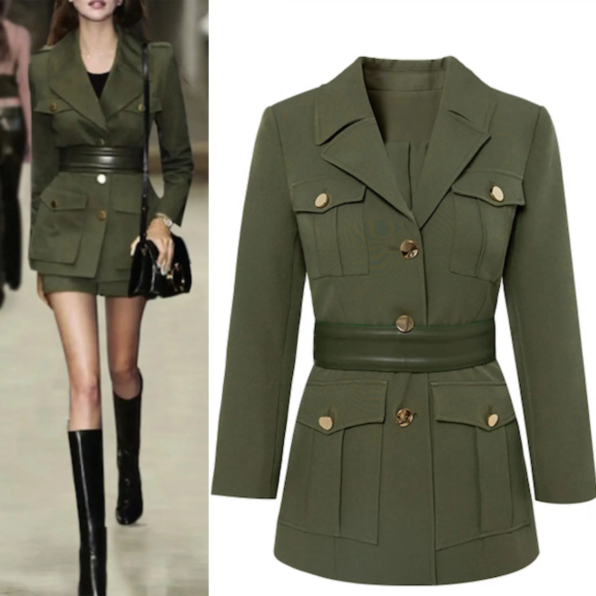 Женский офисный костюм с шортами элегантная приталенная куртка болотного цвета