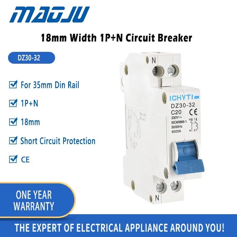 

18mm 1P+N Circuit Breaker Din Rail 230V 32A 6kA Power Switch Circuit Control Long Mechanical Life MCB Electrical Tools