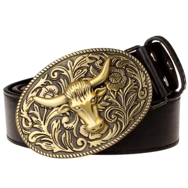 Rock Punk European Style Bull Head Shape Alloy Buckle Belt Women Men for Jeans Pants 130 115 105cm Black White Brown