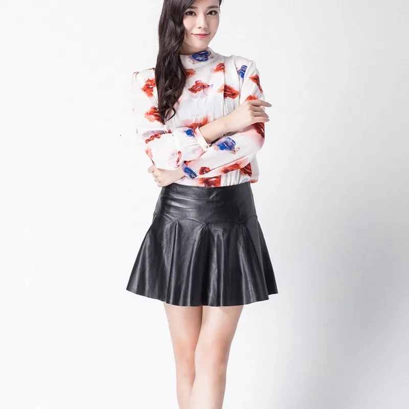 Sexy Club Short Pleated Skirt Women Office Ladies Zipper High Waist Mini Faldas Mujer Quality Genuine Leather Skirts M-3XL | Женская