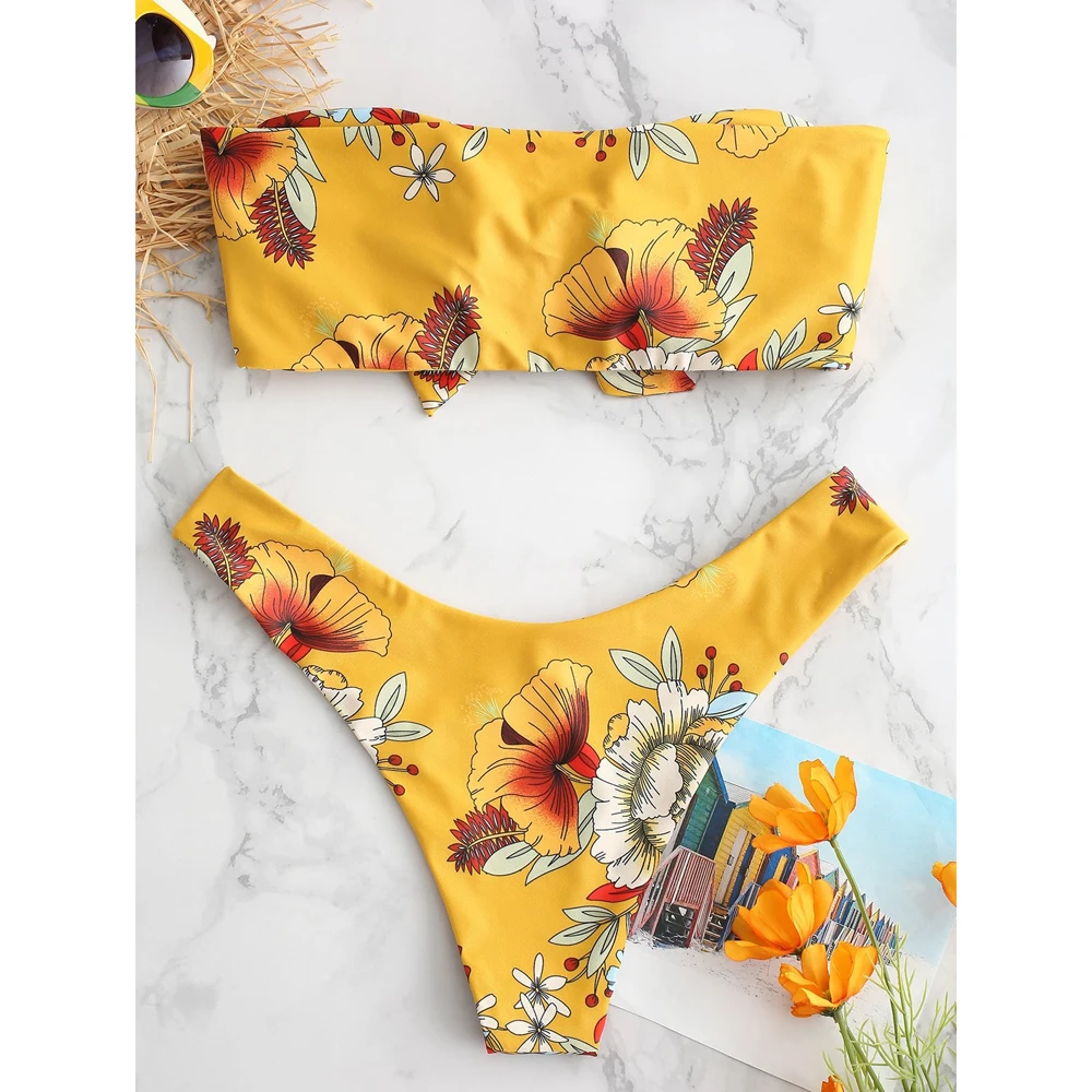 Сексуальный женский брендовый комплект бикини с цветочным принтом без бретелек