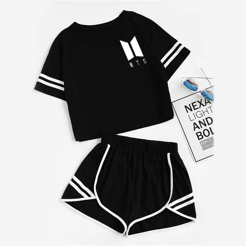 

BANGTAN BOYS Casual 2PC Summer Women's Top+Shorts Black Pants Suit
