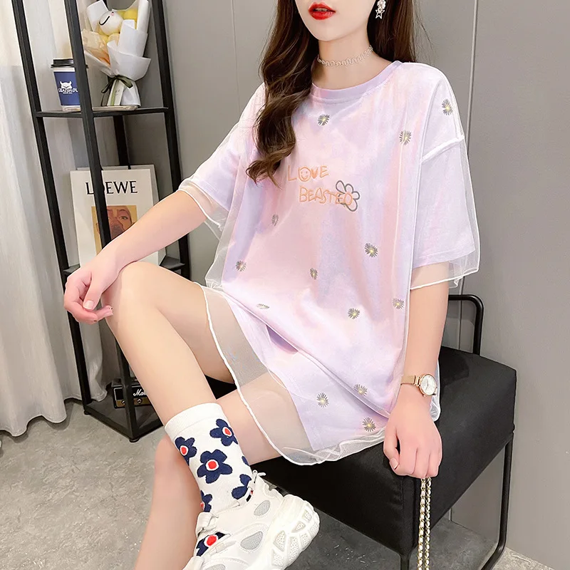 

2022 Summer New Simple Floral Mesh Fake Two Piece Short Sleeved T-shirt Dress Korean Casual Loose Slim Women Tops Free Shipping