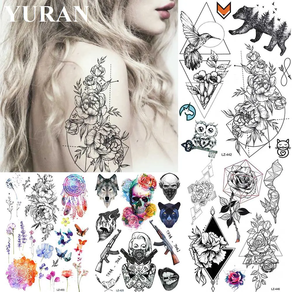 

YURAN Black Flora Geometric Birds Bear Peak Fake Tattoos Stickers Women Arm Girls Chest Tattoo Temporary Custom Waterproof Tatoo