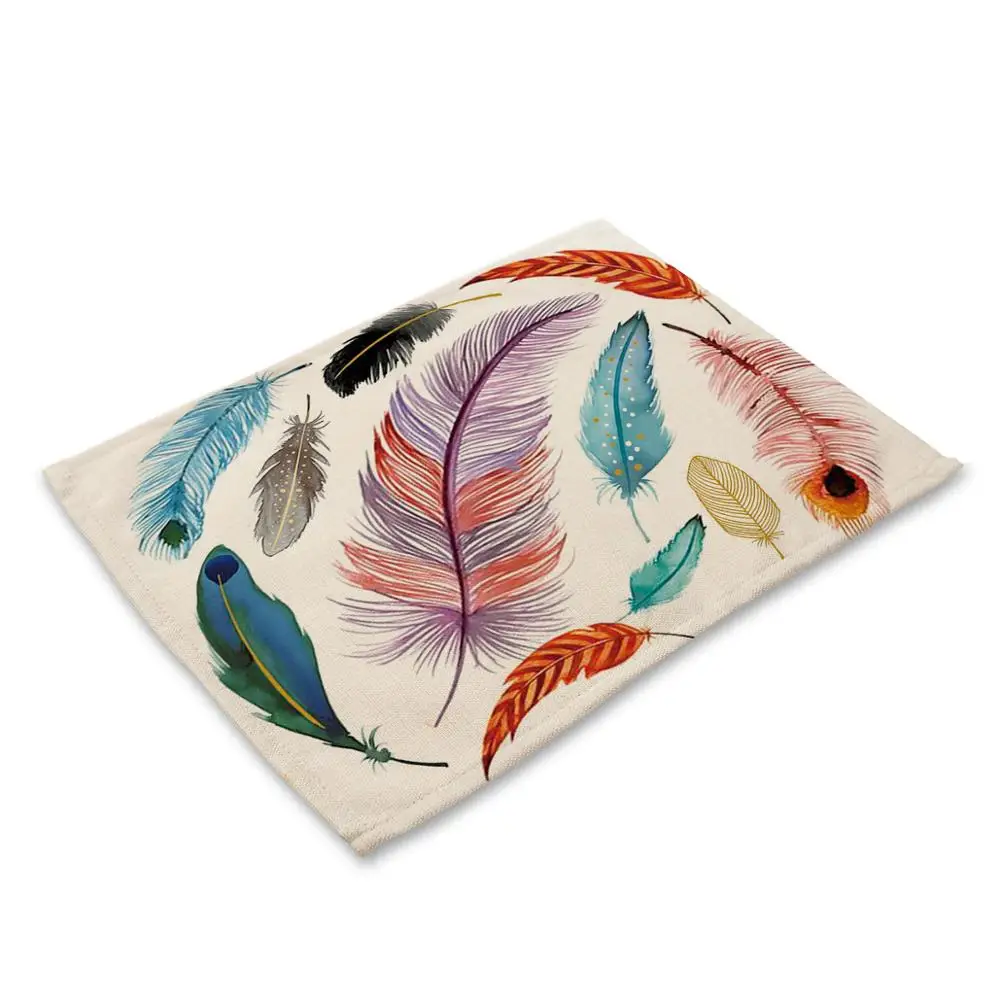 

High Quality Feather Santa printed cotton and linen western placemat Rectangle Mats & Pads
