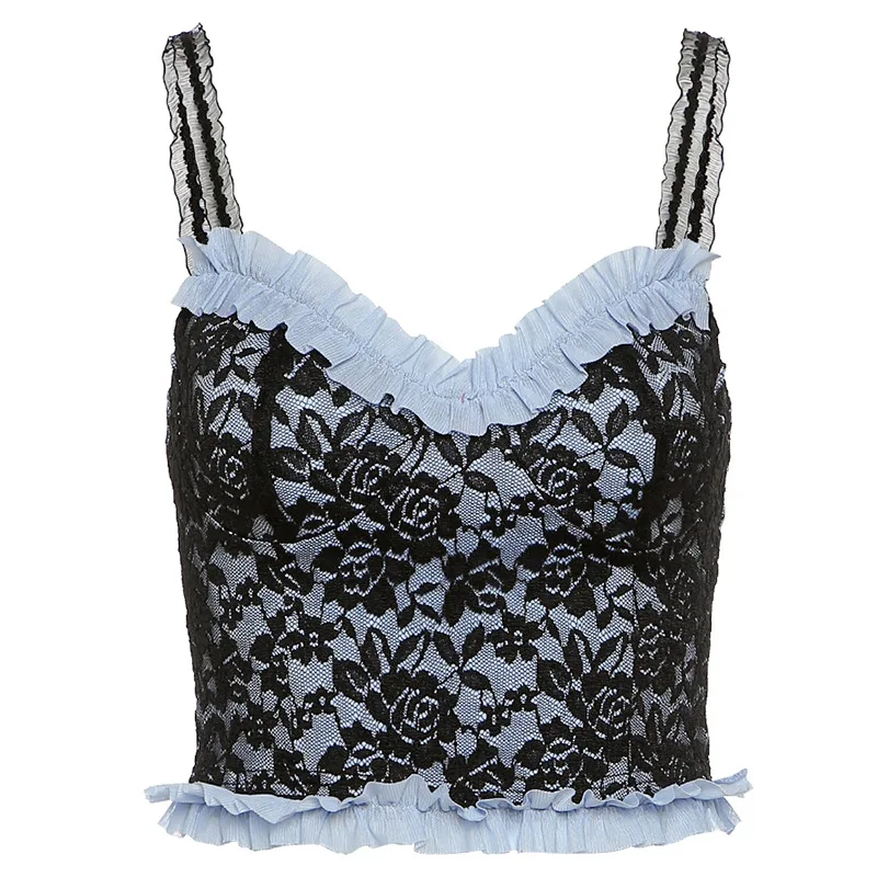 

Women Summer Vest Lace Spaghetti Strap Camisole Floral Fitness Sleeveless Crop Tops Summer Female Skinny Casual Clubwear