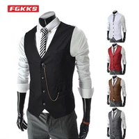 fgkks 2021 new mens fashion vest suit fit solid color metal chain waistcoat groomsmen handsome business casual suit vest male