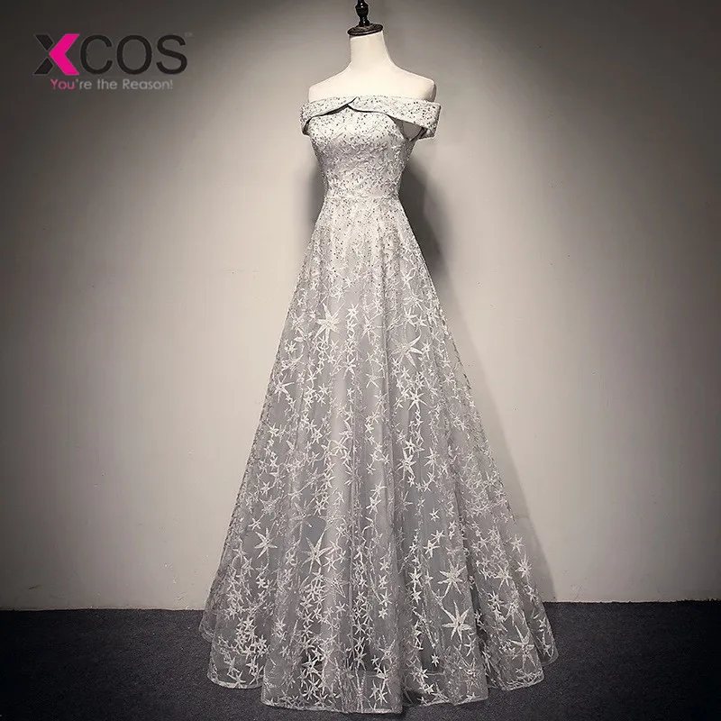 XCOS серебристо-серые элегантные женские длинные платья для выпускного вечера 2019