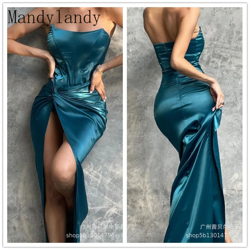 

Mandylandy женское элегантное атласное вечернее платье для вечеривечерние, женское сексуальное Модное Длинное платье без бретелек с открытыми ...