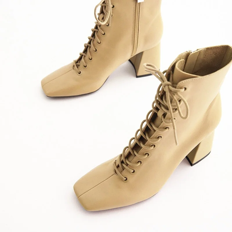 

White Ankle Boots Rock Shoes Woman Lace Up Leather Booties Boots-women Low Ladies 2021 High Heel Microfiber Lace-Up Cross-tied