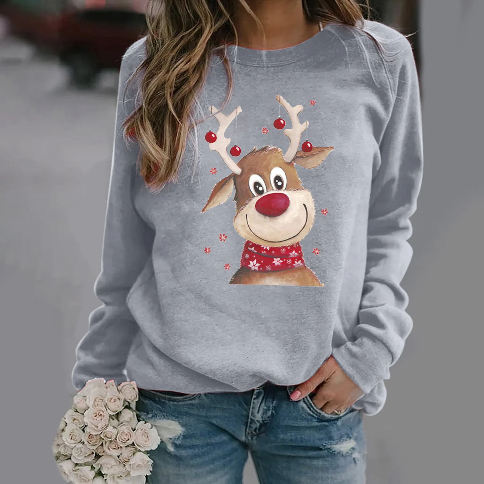 

Christmas Printed Women's Long Sleeved Pullover Tops 2021 Autumn New Multicolor Harajuku O Neck T Shirt