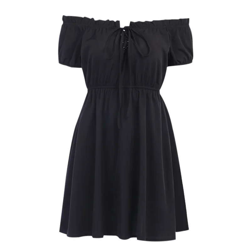 

Sexy Off Shoulder Black Dresses Gothic Harajuku High Waist Dress Summer Mini A-line Solid Black Casual Dresses